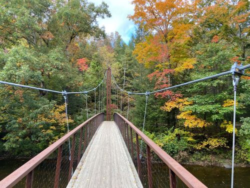 A suspension bridge surrounded by vibrant autumn foliage and a calm river below.