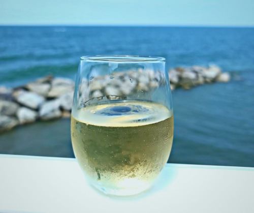 A glass of white wine sits on a ledge, with a serene ocean and rocky shoreline in the background.