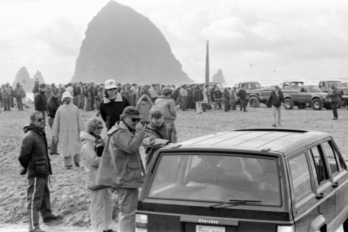 A crowd gathers on a beach near a mountain, with people in winter clothing and parked vehicles in the background.