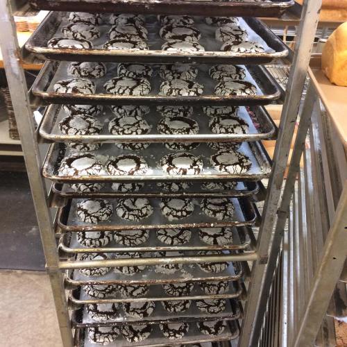 A metal rack filled with trays of freshly baked chocolate crinkle cookies, dusted with powdered sugar.
