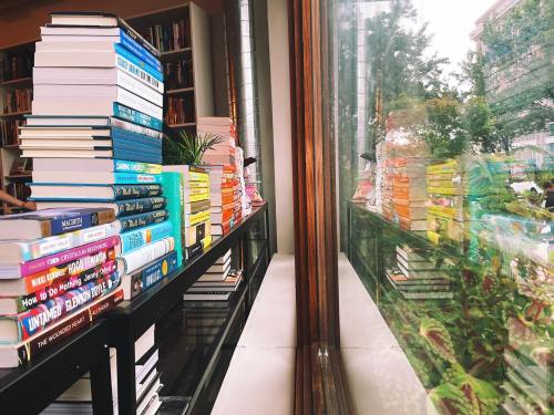 A bookshelf filled with colorful books beside a large window reflecting greenery outside.