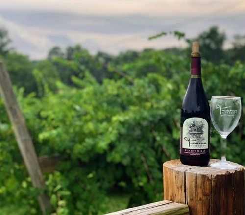 A bottle of wine and a glass sit on a wooden post, surrounded by lush green vineyards under a cloudy sky.