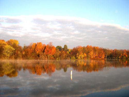 A serene lake reflecting vibrant autumn trees under a blue sky with soft clouds.