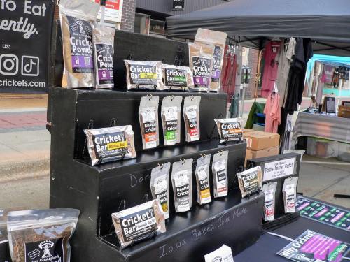 Display of various cricket-based snacks and protein products at a market stall, featuring colorful packaging.