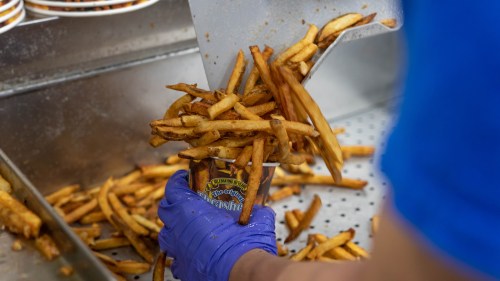 A hand in a blue glove scoops crispy golden fries from a fryer into a container.