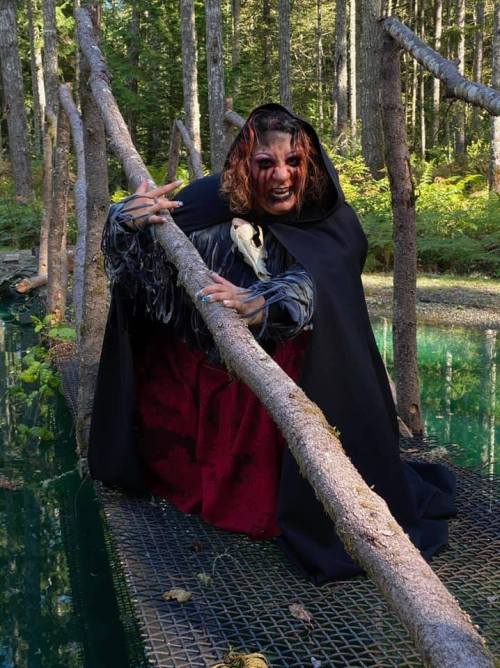 A figure in a dark cloak with a fierce expression crouches on a bridge in a forest, surrounded by greenery and water.