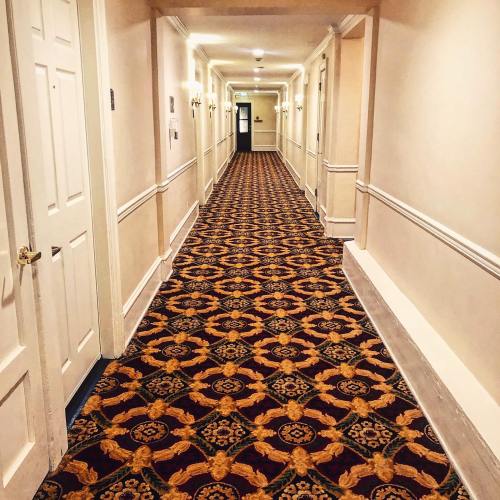 A long hotel hallway with patterned carpet, light-colored walls, and doors on either side.