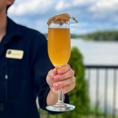 A person holding a tall glass of golden cocktail with a garnish, set against a scenic outdoor background.