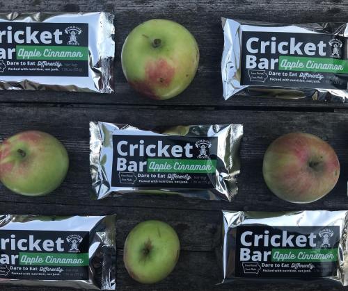 A flat lay of apple cinnamon Cricket Bars surrounded by fresh green apples on a wooden surface.