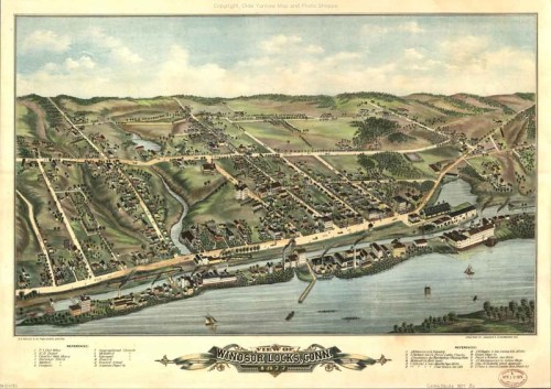 Aerial view illustration of Windsor Locks, Connecticut, showcasing buildings, waterways, and surrounding hills.