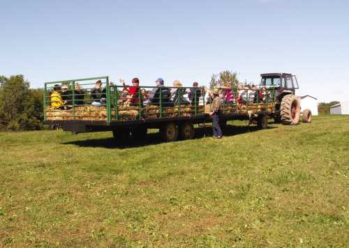 A tractor pulls a hayride trailer filled with people enjoying a sunny day on a grassy field.