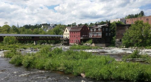 A scenic view of a river with lush greenery and historic buildings along the bank under a partly cloudy sky.