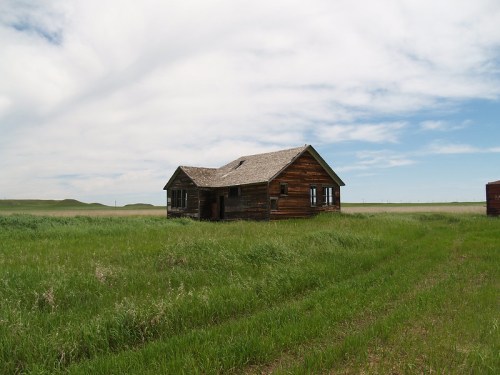 Abandoned wooden house in a grassy field under a cloudy sky, surrounded by open landscape.