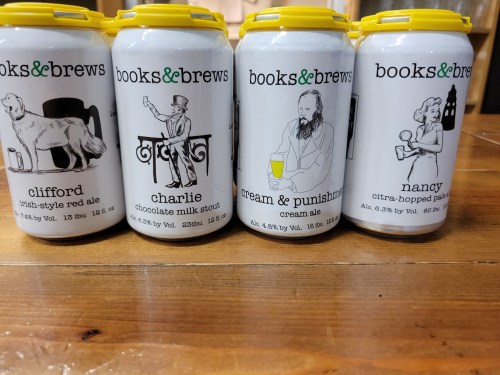 Four cans of beer with unique illustrations and names: Clifford, Charlie, Cream & Punishment, and Nancy.