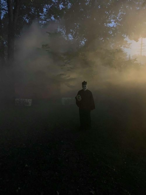 A figure in a dark cloak stands in a foggy, eerie setting, holding a mask amidst a misty landscape.