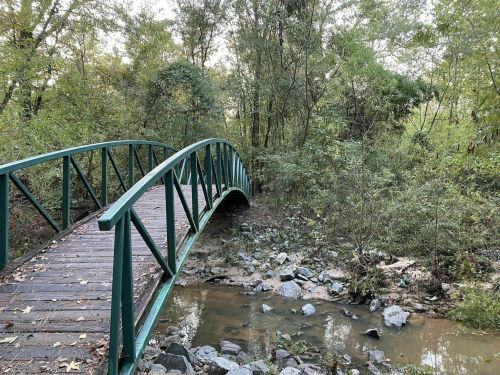 A green footbridge arches over a small stream, surrounded by lush trees and foliage.