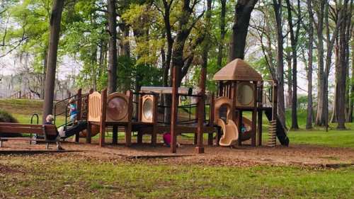 A playground with slides and climbing structures surrounded by trees, with children playing and enjoying the outdoors.