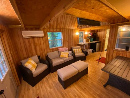 Cozy wooden interior of a cabin with seating, a small kitchen area, and large windows letting in natural light.