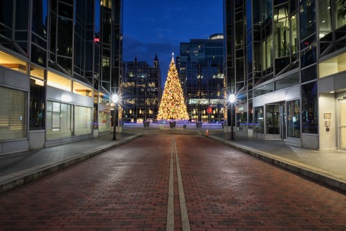 A brightly lit Christmas tree stands in a plaza surrounded by modern buildings at night.