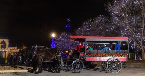 A horse-drawn carriage with passengers, surrounded by festive lights at night.