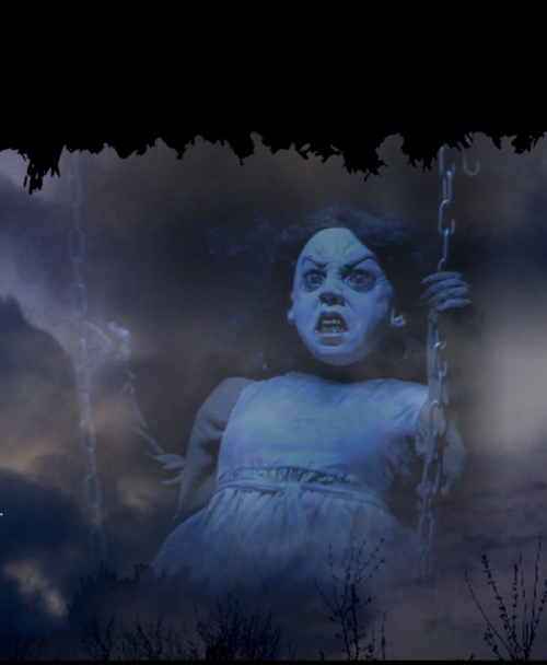 A ghostly figure in a white dress swings on a chain swing, surrounded by dark clouds and an eerie atmosphere.
