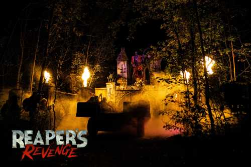 A spooky scene with a haunted house, flames, and fog, featuring the text "Reaper's Revenge" in a bold font.