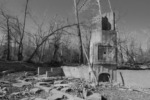 Black and white image of a crumbling structure surrounded by bare trees and overgrown vegetation.
