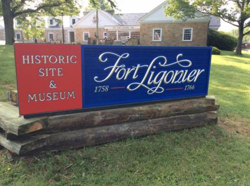 Sign for Fort Ligonier, a historic site and museum, displaying dates 1758 and 1766.