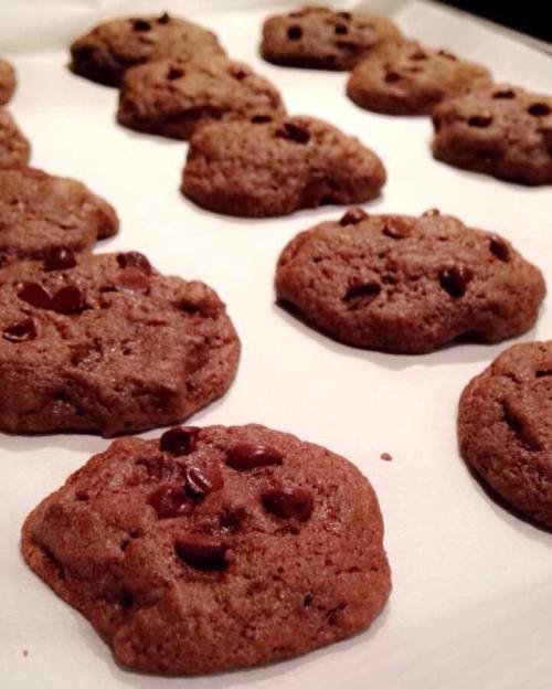 Freshly baked chocolate chip cookies on a parchment-lined baking sheet.
