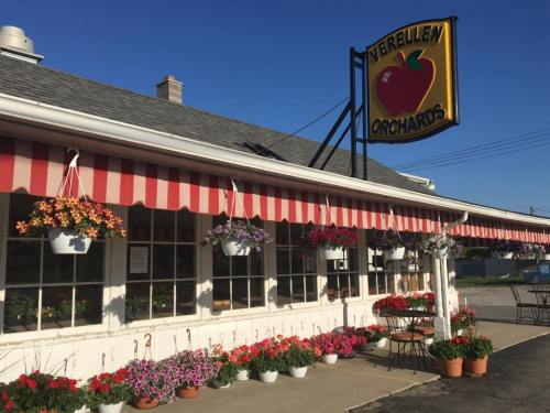 A charming orchard store with a red and white striped awning, colorful flower baskets, and a large apple sign.
