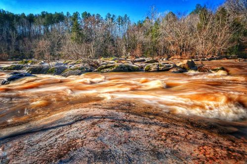 A flowing river with brown water over rocky terrain, surrounded by trees under a clear blue sky.
