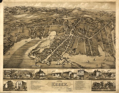 A detailed vintage map of Essex, showcasing buildings, streets, and the surrounding landscape.