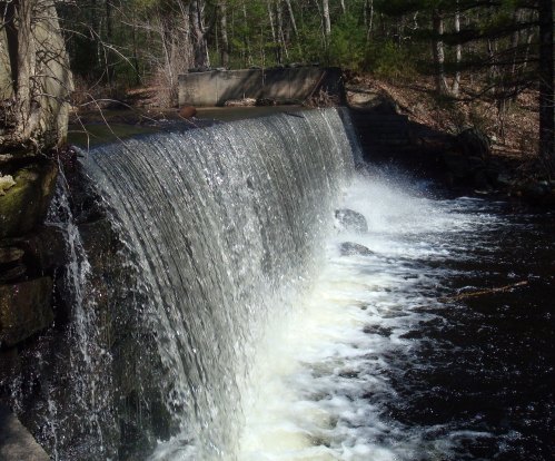 A serene waterfall cascading over a stone ledge into a dark pool, surrounded by trees and natural scenery.