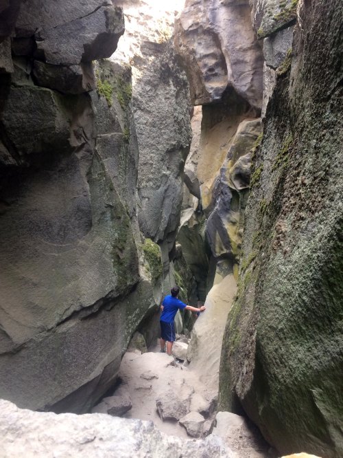 A person in a blue shirt stands in a narrow canyon surrounded by tall, rugged rock walls.