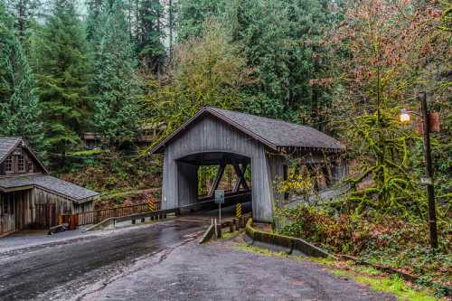 A rustic covered bridge surrounded by lush green trees and autumn foliage, with a winding road leading to it.