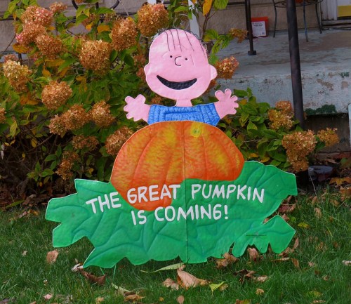 A colorful yard decoration featuring a cartoon character with a pumpkin and the text "THE GREAT PUMPKIN IS COMING!"