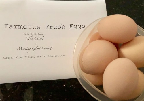 A container of fresh eggs next to a card that reads "Farmette Fresh Eggs" with names of the chickens listed.