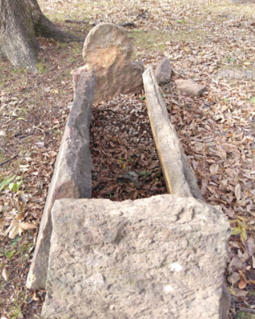 An old, weathered stone grave partially covered with leaves, featuring a rectangular shape and a circular headstone.