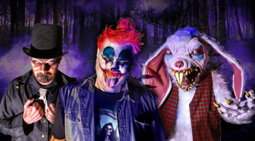 Three eerie characters in a dark forest: a sinister clown, a creepy rabbit, and a mysterious figure in a top hat.