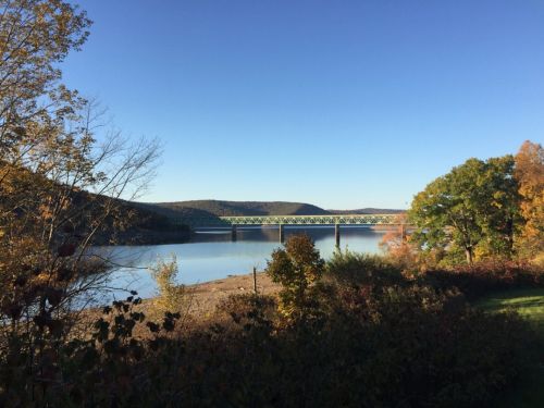 A serene river scene with a bridge, surrounded by autumn foliage and clear blue skies.
