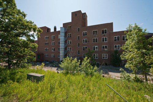 Abandoned brick building surrounded by overgrown grass and trees under a clear blue sky.