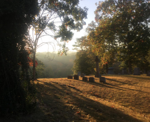 A serene cemetery scene at sunset, with gravestones and trees casting long shadows over a grassy hillside.