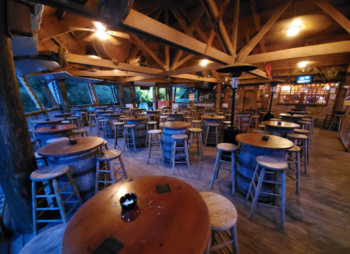 A rustic interior of a spacious bar with wooden tables and stools, illuminated by warm lighting.