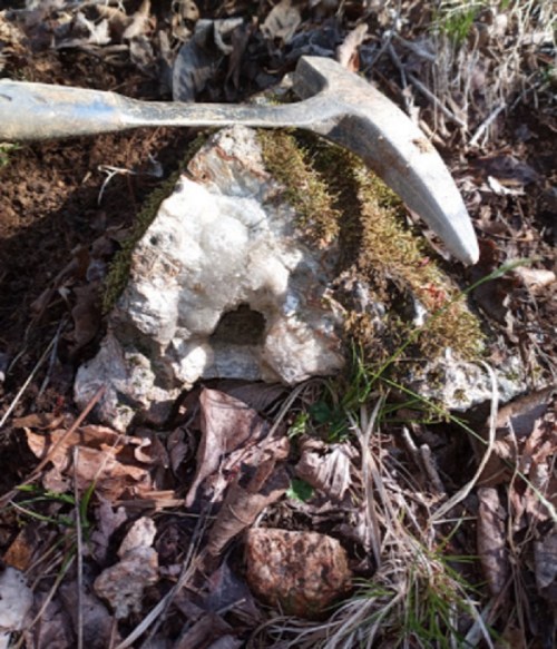 A rock with a hole, partially covered in moss, beside a digging tool on the ground with dried leaves and grass.