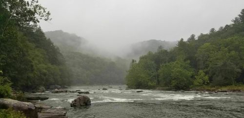 A misty river flows through a lush green landscape, surrounded by mountains and trees under a cloudy sky.