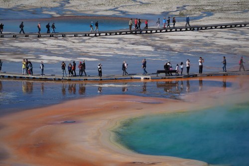 Visitors walk along a wooden boardwalk near colorful hot springs in Yellowstone National Park.