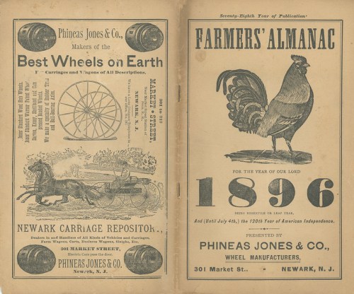 Vintage advertisement for Phineas Jones & Co. featuring a carriage, wheels, and a rooster, dated 1896.