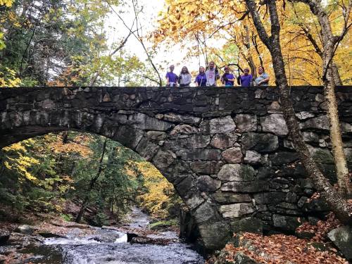 A group of people in purple shirts stands on a stone bridge over a creek, surrounded by autumn foliage.