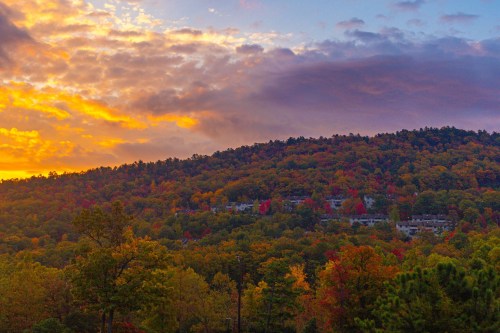 A vibrant sunset over a forested hill, showcasing autumn colors of red, orange, and yellow among the trees.