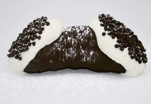 A chocolate-covered cannoli filled with cream and topped with chocolate sprinkles, dusted with powdered sugar.